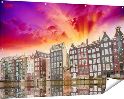 Gards Tuinposter Amsterdamse Huisjes bij het Kanaal - Kleur - 150x100 cm - Tuindoek - Tuindecoratie - Wanddecoratie buiten - Tuinschilderij