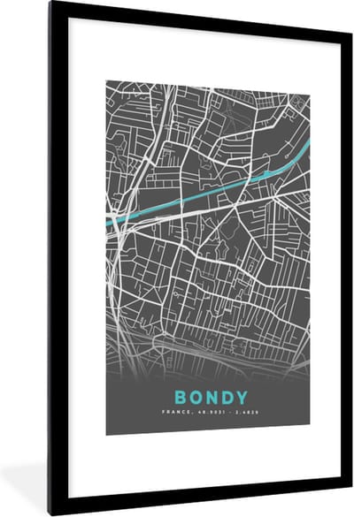Fotolijst incl. Poster - Bondy - Frankrijk - Plattegrond - Kaart - Stadskaart. - 60x90 cm - Posterlijst