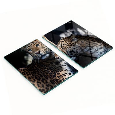 Glazen serveerplanken voor in de keuken met twee luipaardprints, 2x40x52 cm