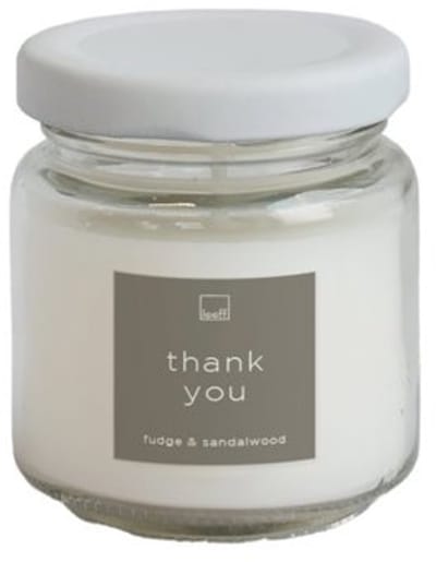LEEFF - Mini Geurkaars in bokaaltje - THANK YOU - Geur: Fudge & Sandelwood - 5.8 cm x 6.6 cm - wit