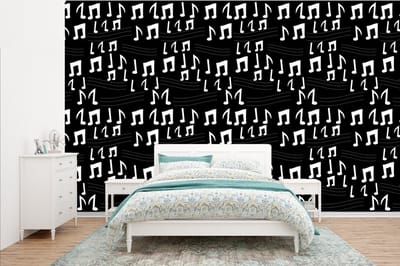 Behang - Fotobehang Muziek - Zwart Wit - Patroon - Breedte 385 cm x hoogte 240 cm