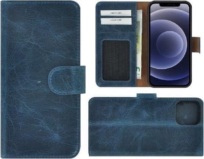 Geschikt voor Iphone 12 Pro Max Hoesje - Bookcase - Iphone 12 Pro Max Hoesje Portemonnee wallet Echt Leer Denimblauw Cover