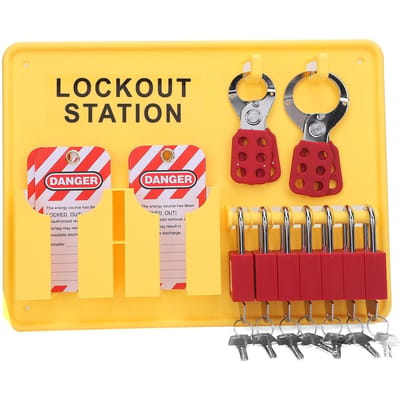 Kit de Station Lockout Tagout PC PA Support Mural Ensemble de Panneau de Verrouillage de Sécurité Industriel avec 10 Étiquettes 2 Cadenas à Loquet Jaune yellow