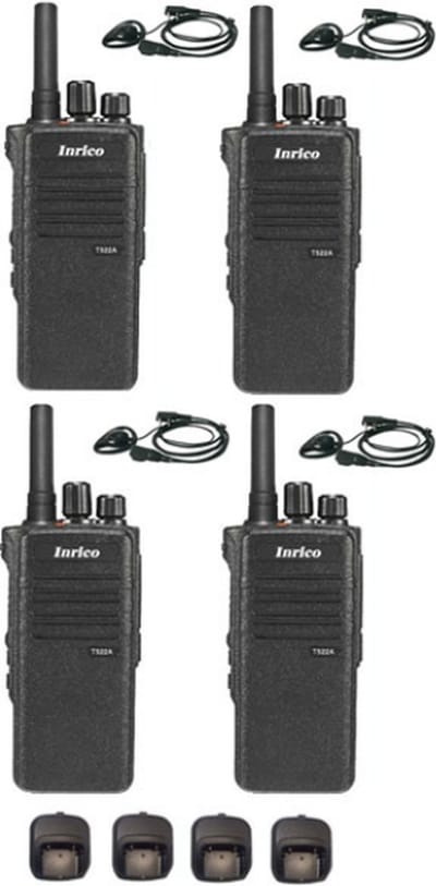 Set van 4 Inrico T522A IP66 4G LTE POC Zello Portofoon K1 2-Pins met D-shape oortje