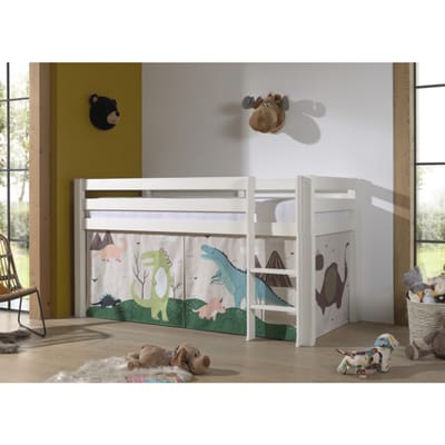 LUCEVI - Pino Halfhoogslaper H115CM + Ladder + Dino Gordijntjes - Wit - 90x200 cm