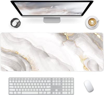 Bureauonderlegger met antislip rubberen basis, bureaumat voor toetsenbord, pc, laptop, wit marmer
