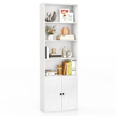 COSTWAY Boekenkast met deuren en 4 open vakken, 180 cm hoge boekenkast, staande kast, opbergrek voor woonkamer, slaapkamer, keuken, wit, CB10514WHDE