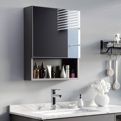 MODFU Badkamerkast Met Spiegeldeur En Wandmontage - Modern - Roestvrij Staal - Zwart - 46 x 13,5 x 58 cm