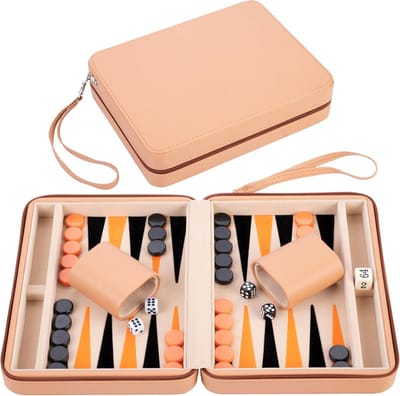 Backgammon Koffer – Luxe Backgammon Set – Lederen Bordspel – Reisspel Set - Draagbaar – Spelset