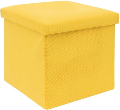 Intirilife Opvouwbaar zitkrukje 38 x 38 x 38 cm in GEEL - Zitkubus met opbergruimte en deksel van stof in ribfluweellook - Zitkubus voetensteun opbergdoos kist bankzitting