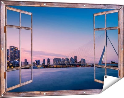 Gards Tuinposter Doorkijk Erasmusbrug in Rotterdam met Zonsondergang - 120x80 cm - Tuindoek - Tuindecoratie - Wanddecoratie buiten - Tuinschilderij