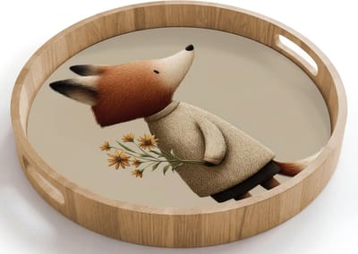 Dienblad rond 40x40 cm - Schootdienblad hout - Vos - Gele bloemen - Minimalistisch - Borrelplank rechthoek - Plateau houten dienbladen