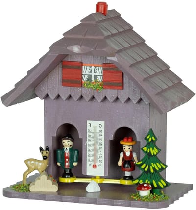 Weerhuisje Hout - Weerstation Decoratie - Weersvoorspelling Thuis - Darmsnaar Mechanisme - 14 x 16 cm - Paars