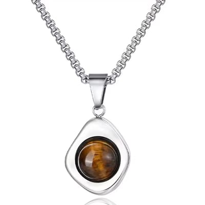 Mendes Zilverkleurige Heren Ketting met Ronde Tijgeroog Hanger