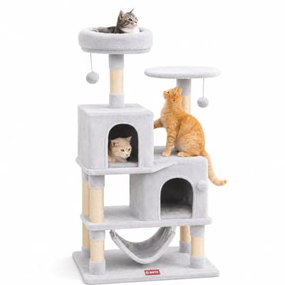 BOTC Krabpaal XXL - 140cm hoge Kattentoren voor binnenkatten - Kattenhuis met krabpalen - Hangmat - Pluche zitplaats - Lichtgrijs