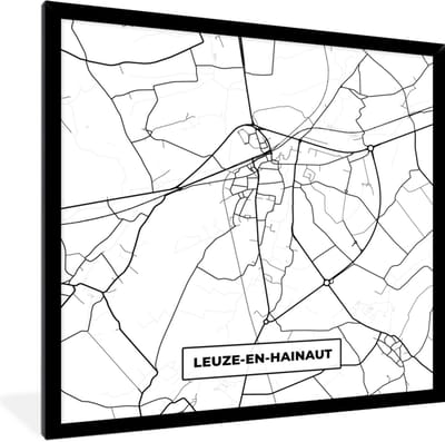 Fotolijst incl. Poster Zwart Wit- Stadskaart – Plattegrond – België – Zwart Wit – Leuze en Hainaut – Kaart - 40x40 cm - Posterlijst