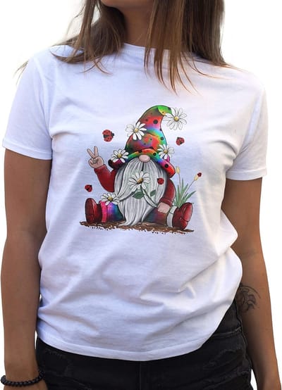 Vrouwen T-shirt met Vrolijke Dwerg Vredesteken Hippie Stijl