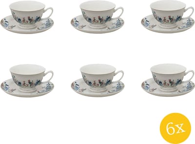 Clayre & Eef Kop en schotel set van 6 stuks schotel 250 ml Blauw Wit Porselein Bloemen Servies