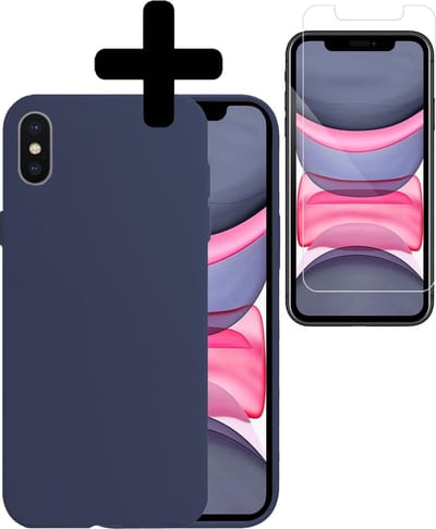 Hoesje Geschikt voor iPhone X Hoesje Siliconen Case Met Screenprotector - Hoes Geschikt voor iPhone X Hoes Siliconen - Donkerblauw