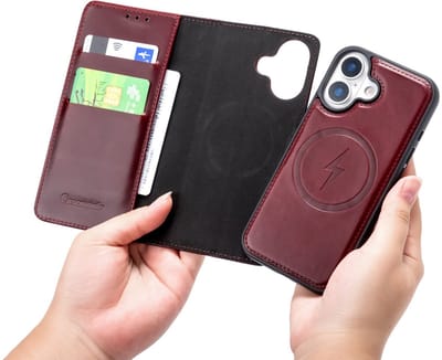 CaseMania Bookcase hoesje geschikt voor iPhone 17 - Effen Bordeaux - Leer - 2-in-1 Magnetisch Uitneembaar Design - Compatible met MagSafe