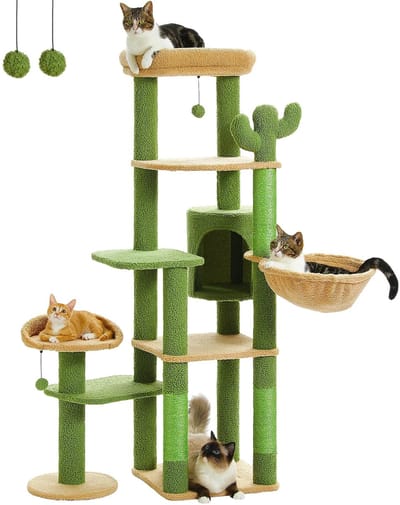QUESTYR - Krabpaal - Cactus Style - 5+ Niveau's - 143 CM - Voor Grote & Kleine Katten - Hout - Sisalpalen - Hangmat & Condo