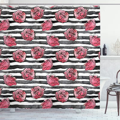 ABAKUHAUS douchegordijn – Bloemmotief, 175x180 cm, Wit/Zwart/Koraalrood – 100% Polyester