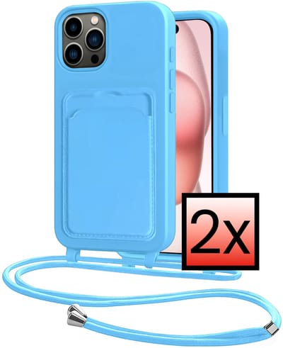 Hoes Geschikt voor iPhone 14 Pro Hoesje Pasjeshouder Cover Met Koord Case Siliconen Hoes Met Telefoonkoord en Kaarthouder - Lichtblauw - 2 PACK