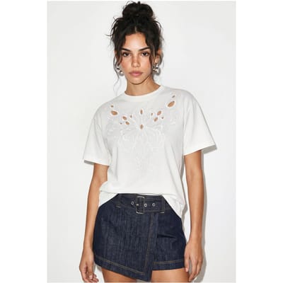 Geborduurd Katoenen T-shirt met Ronde Hals