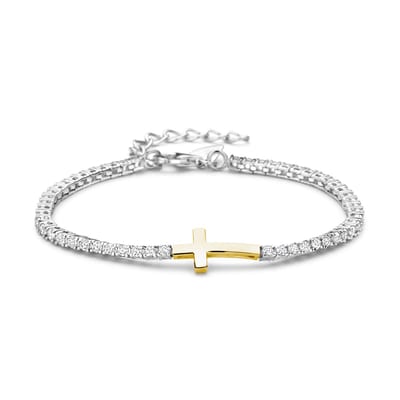 New Bling - 9NB-1583-Y - 925 zilveren tennis armband met goudkleurig kruis - 15,5+3 cm