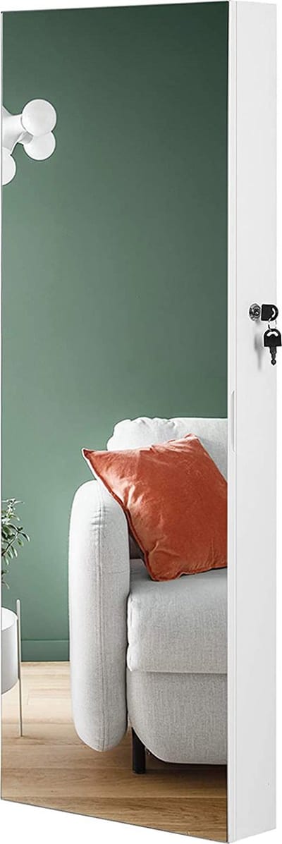 Hoppa! Sieradenkast voor wandmontage, met 2 cosmetica-organizers, om op te hangen, spiegel zonder frame, met slot en sleutel, wit