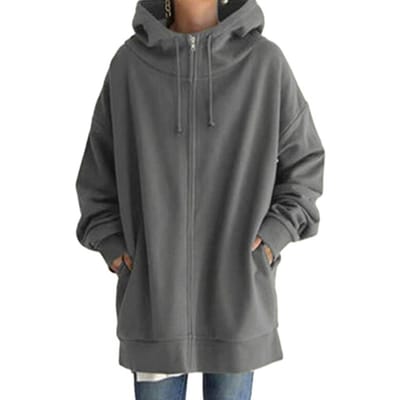 Dames Rits Lange Hoodie Jas met Trekkoord Tuniek Sweatshirt Effen Open Voorkant Vest Herfst Winter Met Capuchon Pullover S