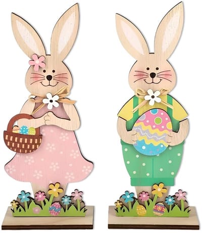 Dailygoods- Paasdecoratie - 2 Stuks Paashaasfiguren - Houten Decoratie - Bloemenpatroon - Knutselmateriaal voor Kinderen - 8 × 4,7 × 19 cm - Paashaas