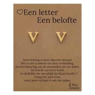 Initiaal Oorbellen met Letter V op Cadeau Kaartje - Een letter, een belofte - Goudkleurig - Naam Sieraad Cadeau - Roestvrij Staal Oorknopjes - Pax Amare