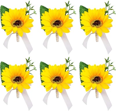 6x Zonnebloem Corsage voor Heren - Kunstbloem Boutonniere voor Bruiloft, Prom en Feest