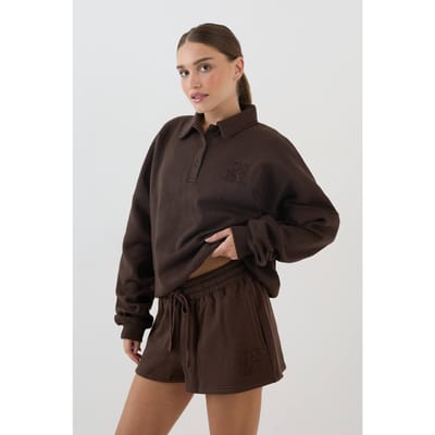 Dames Dsgn Studio Sweat Short Met Applique Van Dezelfde Stof In Losse Pasvorm | Dark Chocolate | Maat: XS