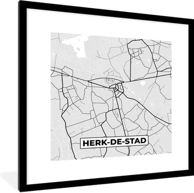 Fotolijst incl. Poster Zwart Wit- Stadskaart – Plattegrond – België – Zwart Wit – Herk de Stad – Kaart - 40x40 cm - Posterlijst
