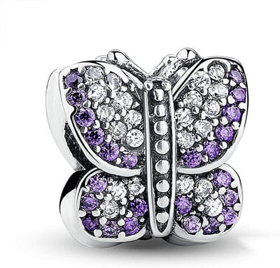 Fler® | Bedel | Past op populaire bedel armbanden (standaard-3mm) | armbandbedel | Paarse Vlinder | Hangbedel Charm | 925 sterling zilver | Paarse & Transparante zirkonia | Meerkleurig | Armband Kraal | moederdag geschenk, verjaardagscadeau