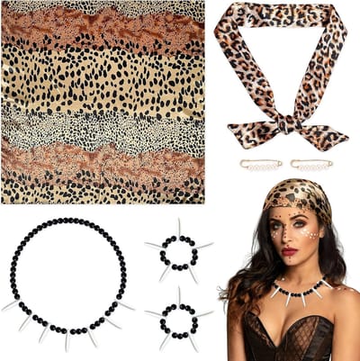 Caveman Kostuum Accessoires voor Mannen, 7-delige Set met Kralen en Beenderen, Perfect voor Carnaval en Themafeesten