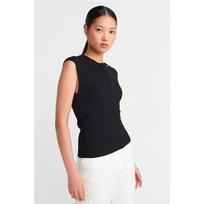 Mouwloze Geribbelde Blouse met Knopen aan de Voorkant