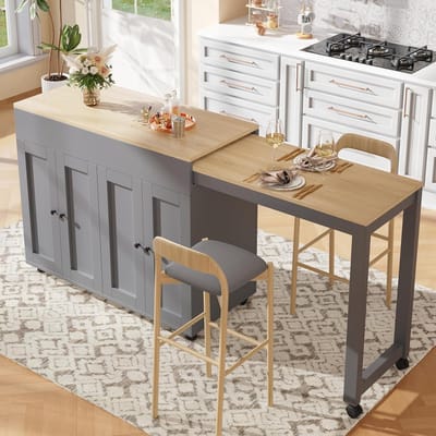 Inklapbare bartafel - Hoge tafel - Keuken met opbergruimte - Uittrekbaar tafelblad - 118-180 cm - Grijs