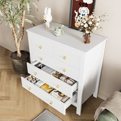 DESMIU Dressoir - Gestructureerde Laden Met Gouden Grepen - Opbergkast Voor Slaapkamer En Hal - Spaanplaat - 79x80,5x39,5 Cm - Wit