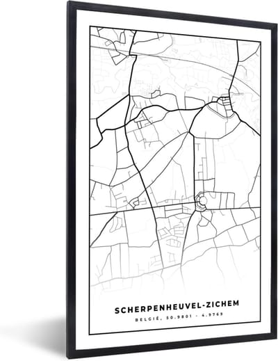 Fotolijst incl. Poster Zwart Wit- België – Scherpenheuvel Zichem – Stadskaart – Kaart – Zwart Wit – Plattegrond - 40x60 cm - Posterlijst