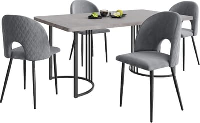 Gotagee Tafelset met 4 stoelen Grijs fluwelen Eetkamerstoel Verstelbare stoelpoten Keukentafelset met MDF tafelblad in grijs Zwarte tafelpoten