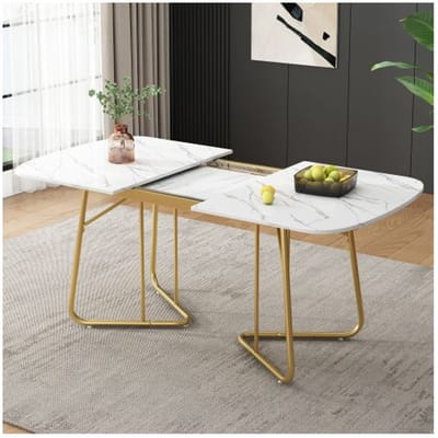 Table à rallonges blanche avec pieds en métal doré. Dimensions avec rallonges : 140/180 × 80 cm. Convient pour 4 à 6 personnes.