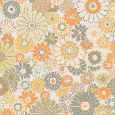 Retro behang Profhome 395353-GU vliesbehang hardvinyl warmdruk in reliëf licht gestructureerd met bloemen patroon mat groen oranjegeel olijfgrijs crèmewit 4,5 m2