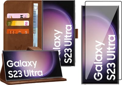 Hoesje geschikt voor Samsung Galaxy S23 Ultra - Screen Protector FlexGuard - Book Case Kunstleer Pasjeshouder Bruin & Screenprotector