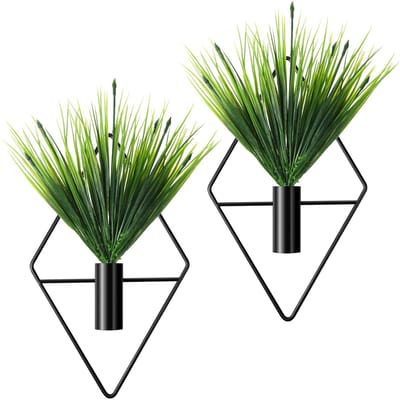 Dailygoods - Cindeer 2 wandvazen in diamantvorm met kunstmatige waterplanten, metalen bloemenhanger voor planten, binnen, geometrisch, modern, bloempot om op te hangen, voor woning, woonkamer, kantoor (zwart
