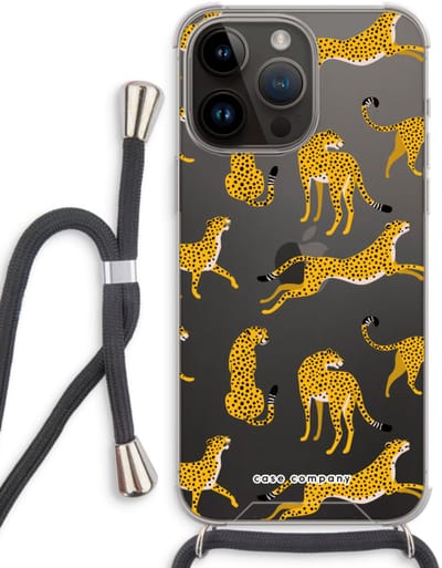 Case Company® - Hoesje met koord geschikt voor iPhone 14 Pro Max hoesje met Koord - Luipaard - Telefoonhoesje met Zwart Koord - Bescherming aan alle Kanten en Over de Schermrand