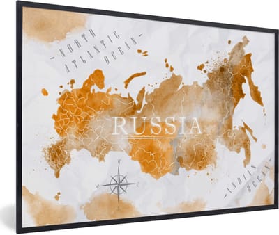 Poster in lijst - Fotolijst 90x60 cm - Posters - Rusland - Wereldkaart - Goud - Posterlijst zwart - Decoratie - Wanddecoratie woonkamer - Muurdecoratie slaapkamer