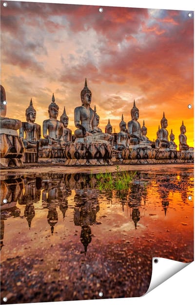 Gards Tuinposter Boeddha Beelden tijdens Zonsondergang - 90x120 cm - Tuindoek - Tuindecoratie - Wanddecoratie buiten - Tuinschilderij
